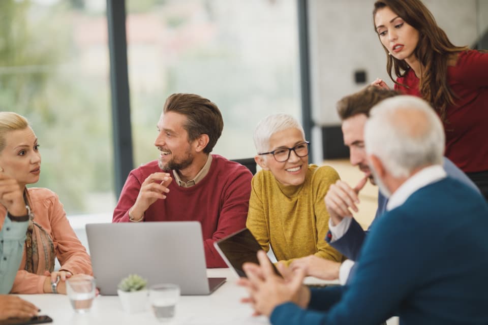 Consulting team collaborating in a business meeting